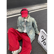 美式高街机车牛仔外套男款水洗做旧潮牌宽松休闲拉链夹克，男装夹克，星座716-3