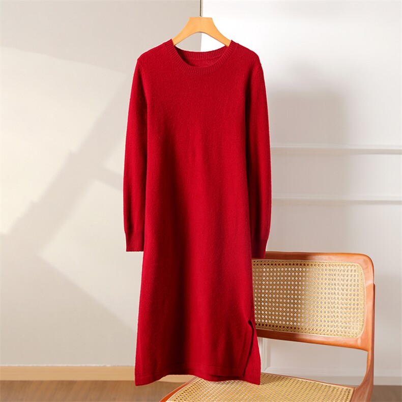 圆领羊毛衫中长款连衣裙开叉百搭休闲针织打底衫女气质秋冬,女装连衣裙,松航羊绒