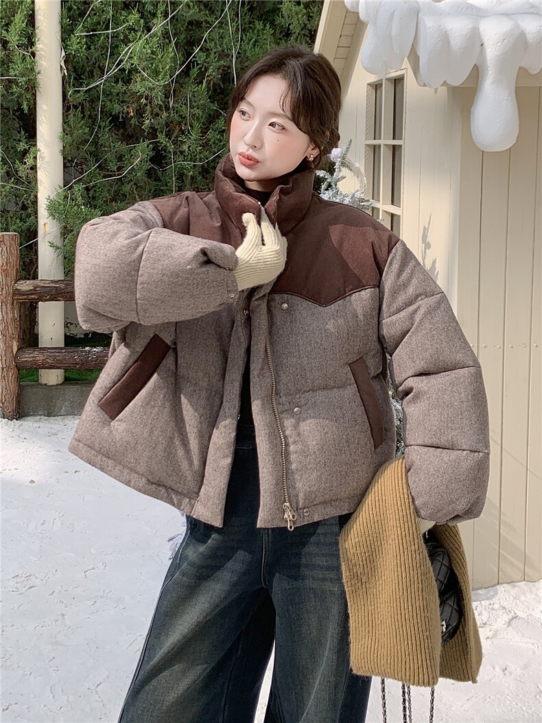 欧货高端拼接撞色羽绒服女冬季2025新款加厚保暖立领白鸭绒短外套,女装羽绒服,琦鑫阁（原依鑫阁）