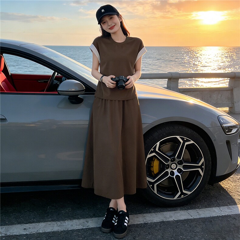 设计感时尚气质套装裙女夏新款圆领撞色拼接上衣开叉半身裙两件套,女装套装/套裙,江南