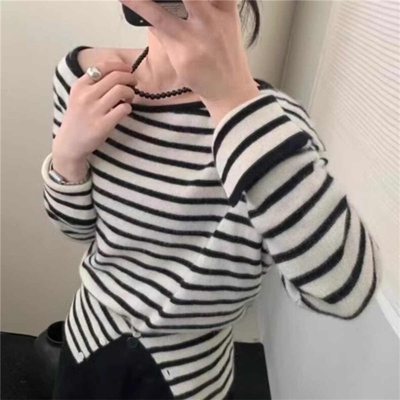 韩版斜肩100衫女套头条纹冬季新款修身针织羊毛打底衫毛衣,女装羊毛衫,佳弈羊绒
