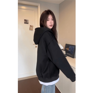 W858-P40美式cleanfit简约假两件连帽卫衣男秋季外套重磅休闲,失联女生穿搭气质图片