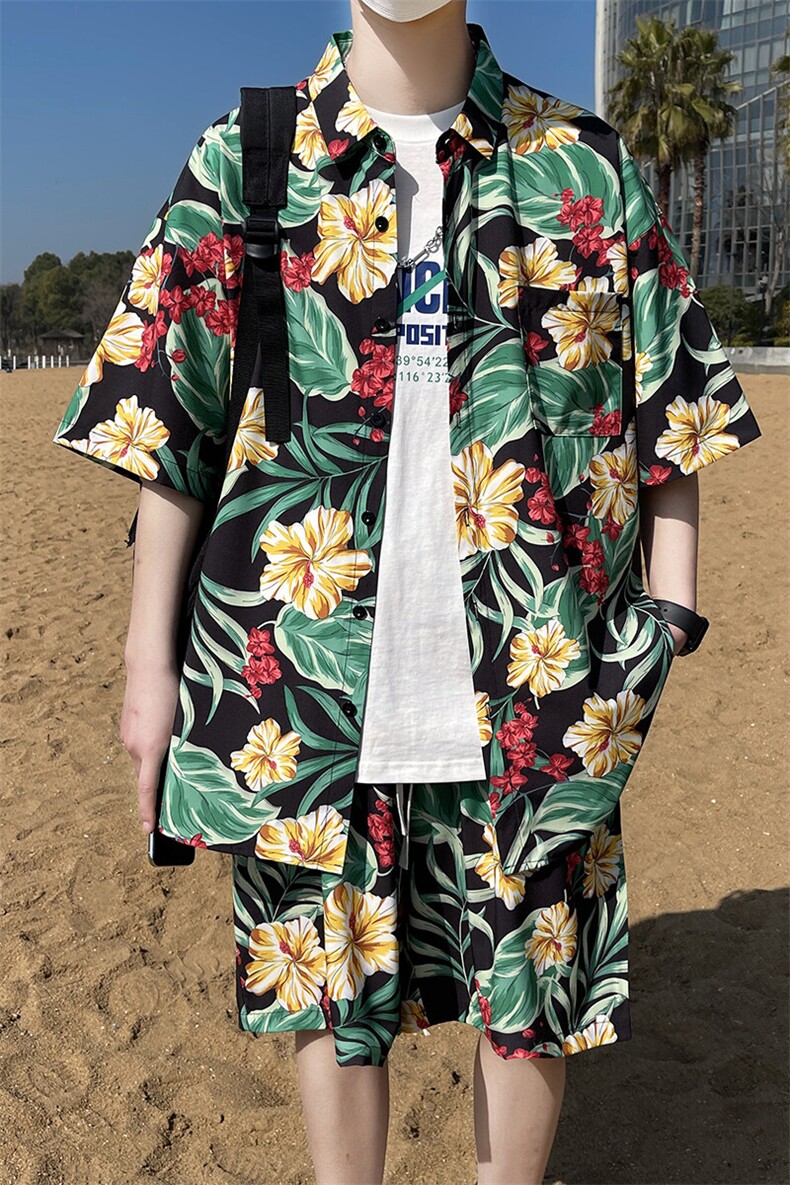 夏日大码套装宽松花衬衫男短袖痞帅休闲上衣两件套衣25裤20/TP45,男装衬衫,电商A012