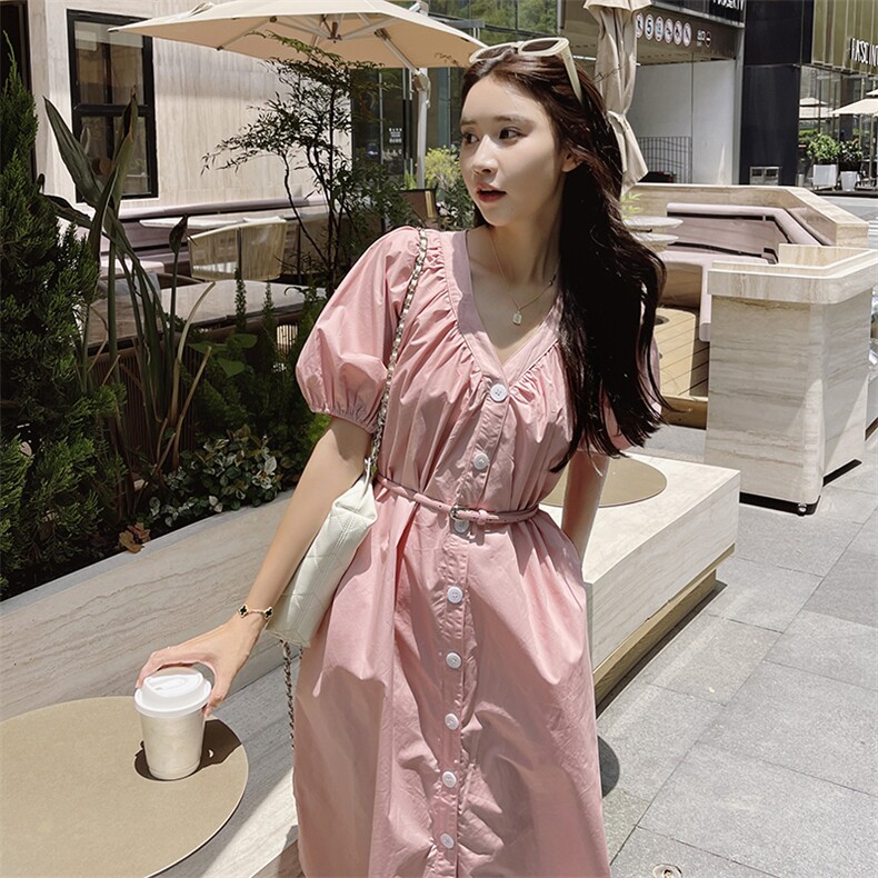 2024新款现货粉色宽松V领长裙212A-628-P115-K168,女装连衣裙,浙宝212A