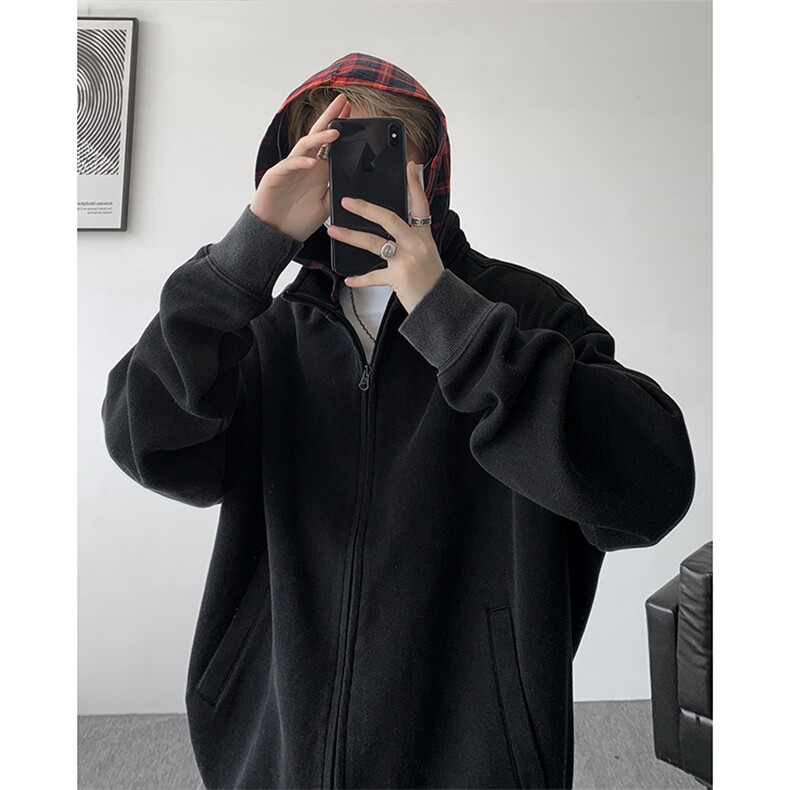 美式做旧假两件连帽卫衣男秋季潮牌拉链拼接格子开衫外套WY20P78,女装短外套,电商D206-1