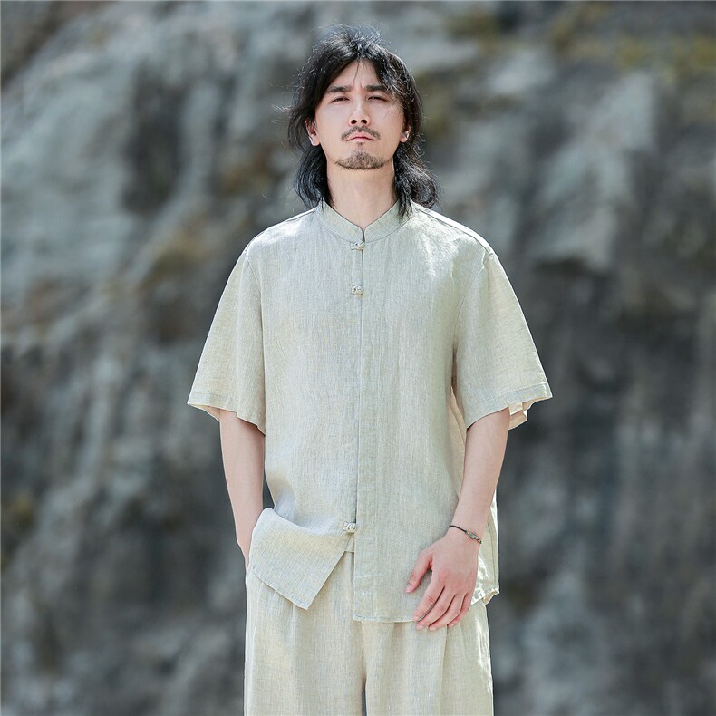 纯亚麻夏季薄款宽松短袖上衣风复古唐装盘扣衬衫男CS04，男装T恤，星座704A（原B229A）
