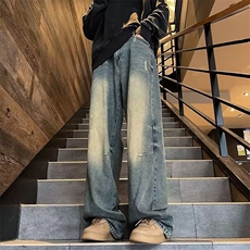 水洗做旧牛仔裤男春秋美式复古宽松阔腿直筒拖地长裤炸街痞帅裤子，男装牛仔裤，星座601-2