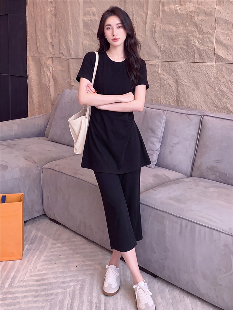 潮流时尚休闲套装女夏新款黑色圆领褶皱收腰短袖上衣九分裤两件套,女装套装/套裙,江南