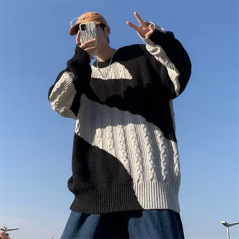 日系复古慵懒风撞色花毛衣男女情侣装宽松针织衫MY9119P45,男装针织衫/毛衣,星座1116-2