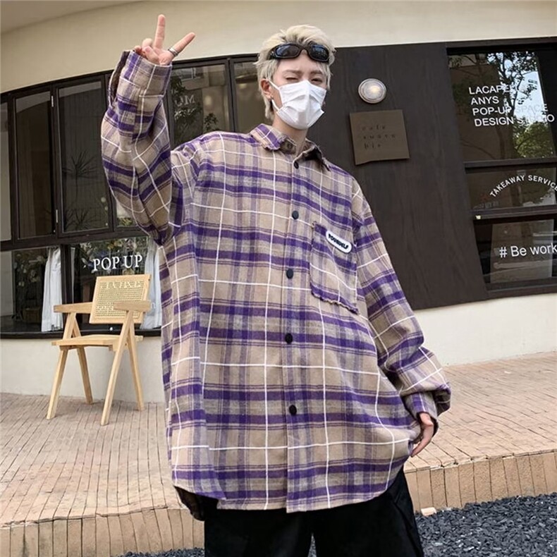 日系格子衬衫慵懒百搭气质流行文艺原宿潮流新款时尚ins简约，男装衬衫，星座506A