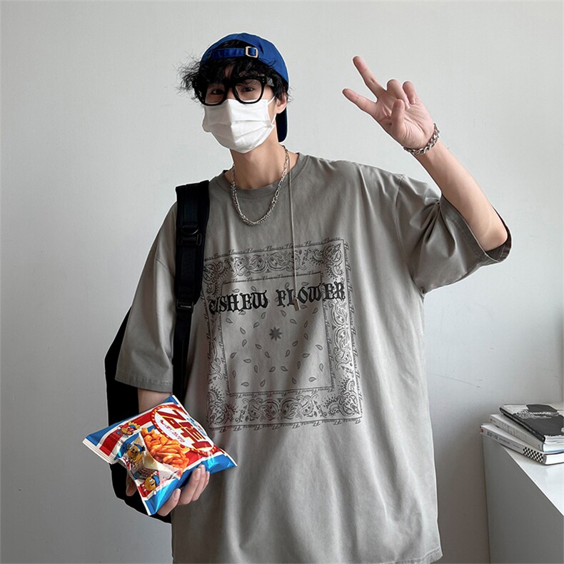 22年新款短袖港风模特腰果花纯棉手感落肩宽松胖子T恤TC3122-P33,男装T恤,星座717