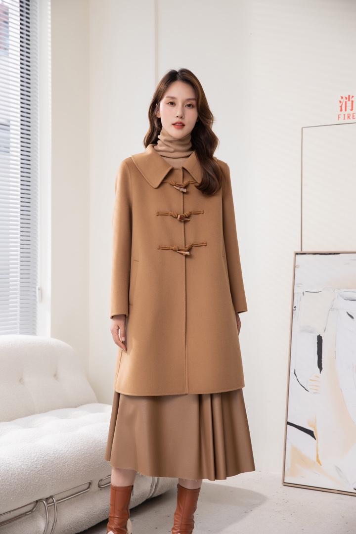 2022新款复古牛角扣修身显瘦羊毛双面呢大衣,女装其它,L·H·X