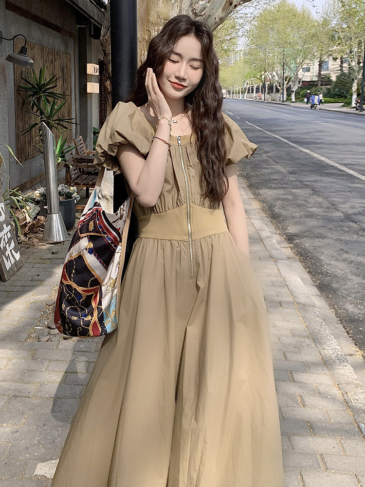 2025夏季新款法式显瘦气质泡泡袖收腰连衣裙女时尚气质绝美小裙子,女装连衣裙,琦鑫阁（原依鑫阁）