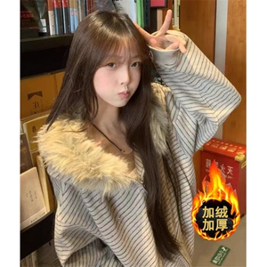 条纹连帽卫衣外套女秋冬季宽松毛领拉链开衫加厚上衣 W9039图片