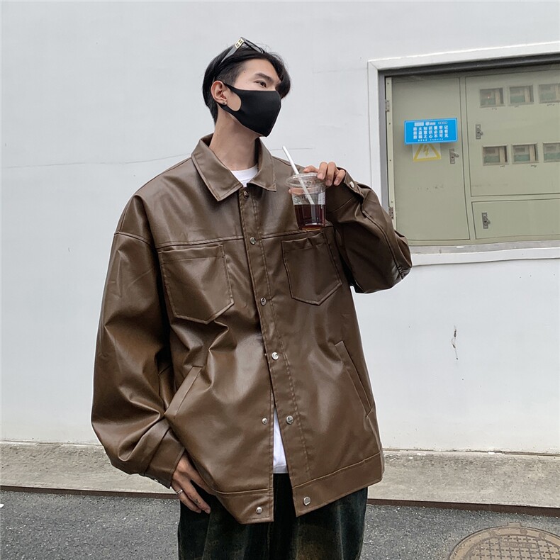 港风翻领pu皮面料皮衣男潮流休闲宽松皮衣外套男77107P78控108,男装皮衣,星座227-7