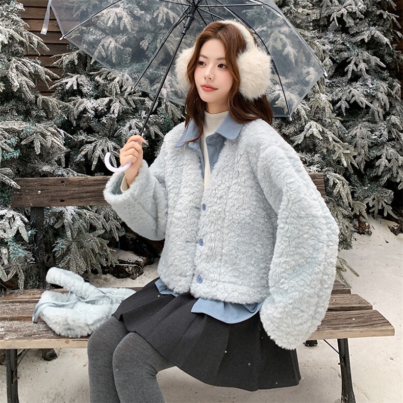 韩系减龄拼接衬衣领毛毛短款外套F691-P175-K268,女装毛呢外套,2C255