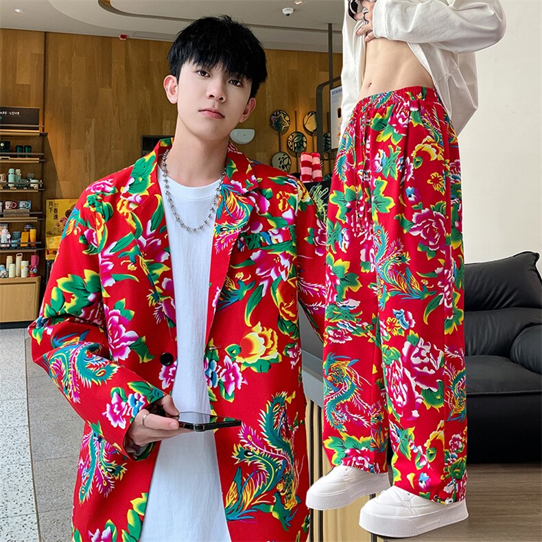 XF02男秋港风文艺休闲大码西服套装西装东北大花民族风特色新中式,男装民族服装,星座115A(原星座507）
