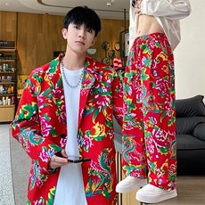 XF02男秋港风文艺休闲大码西服套装西装东北大花民族风特色新中式，男装民族服装，星座115A(原星座507）