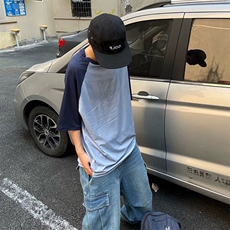 抖音得物高品质二开240克宽松纯棉美式潮牌插肩袖拼接短袖T恤，男装T恤，电商A486-1