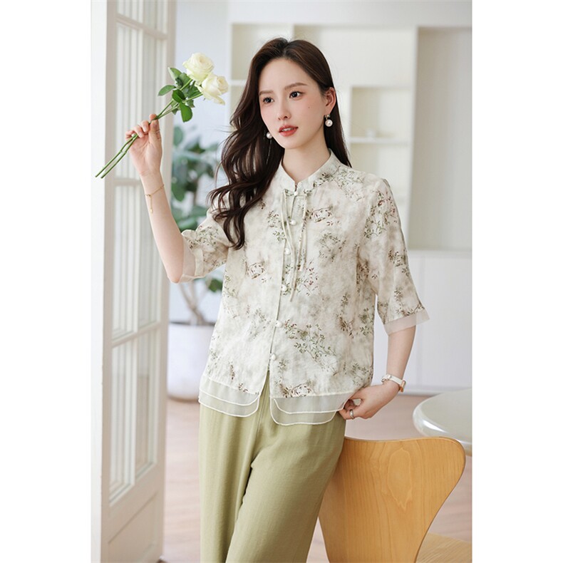 2024夏季新款优雅印花女装衬衫轻薄透气显瘦设计，女装衬衫，千千佰惠