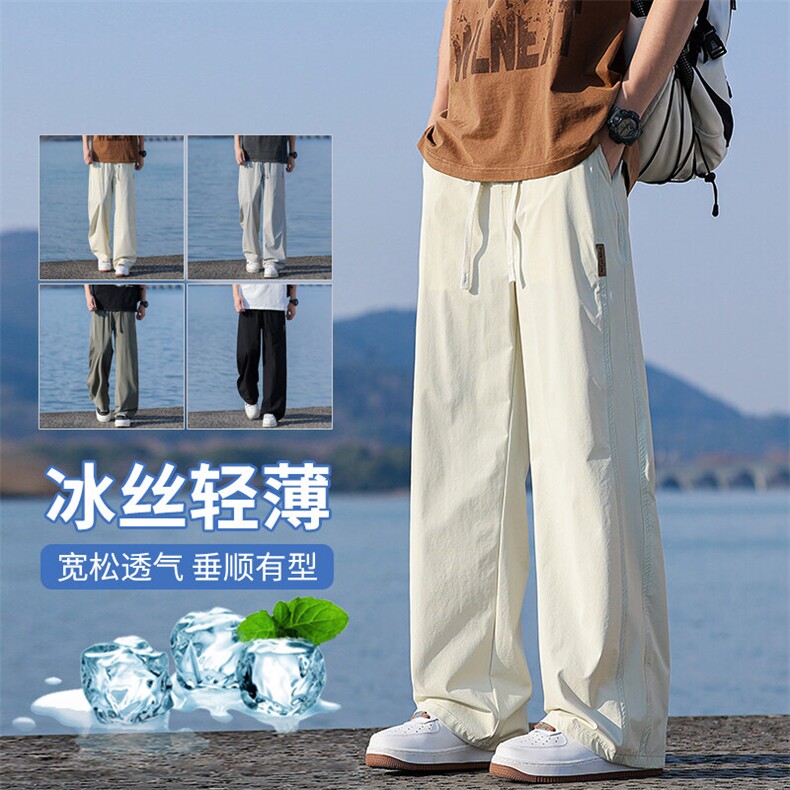 【已爆】春季新款冰丝休闲裤薄款宽松拼接港风松紧腰长裤1667-P40图片