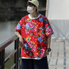 HT202男士夏大码人棉大花红黑圆领短袖透气凉爽TEE恤棉纱风，男装T恤，星座115A(原星座507）
