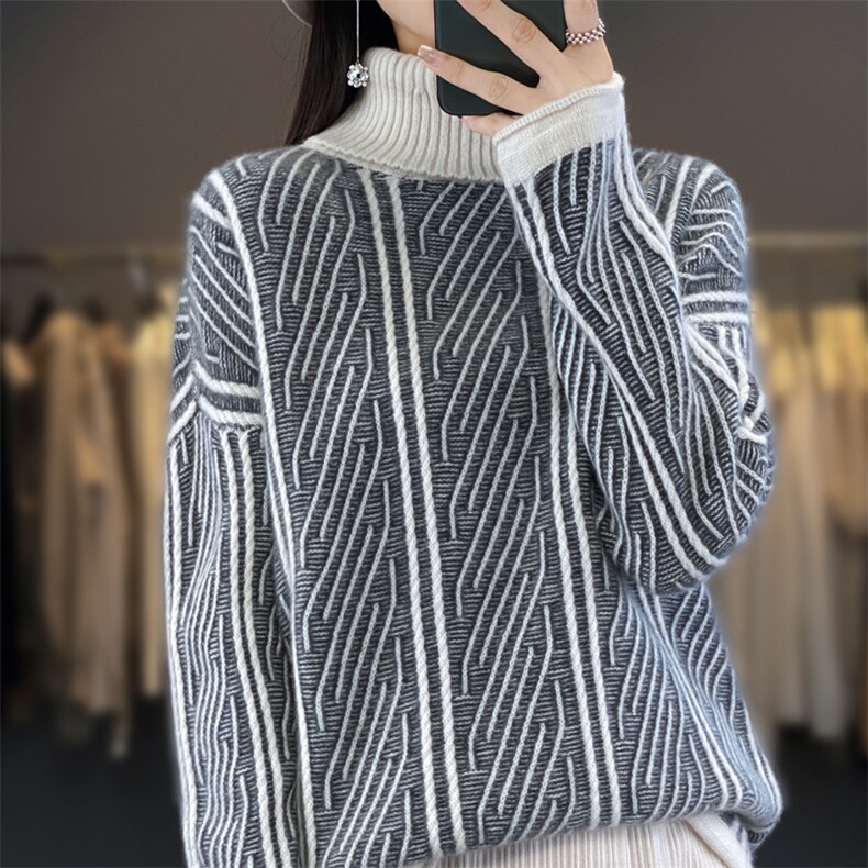 复古高领中长款100%纯羊毛衫女套头宽松拼色慵懒羊绒衫针织衫毛衣,女装羊毛衫,迅太羊绒