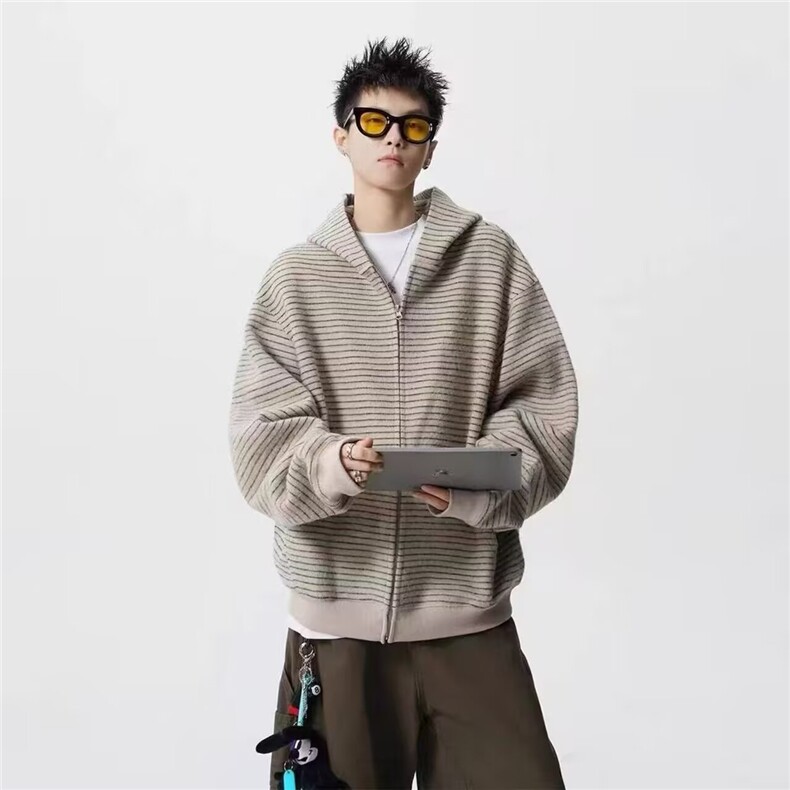 得物品质秋男女连帽夹克衫鹿毛绒开衫条纹宽松夹克衫外套WY86 P75图片