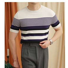 夏季短袖t恤男士2025新款针织衫潮牌青少年圆领条纹帅气上衣服ins，男装针织衫/毛衣，星座506A