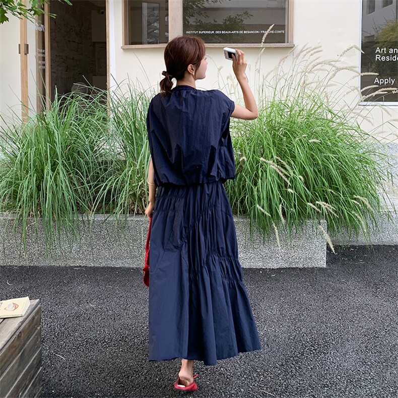 韩系简约休闲百搭圆领短袖衬衫女2025夏季新款高腰显瘦半身裙套装,女装连衣裙,浙宝301