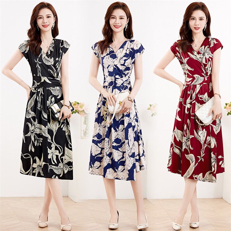 清仓捡漏外贸原单女复古真丝连衣裙收腰系带高端大码蚕丝印花裙子，女装连衣裙，牡丹诺