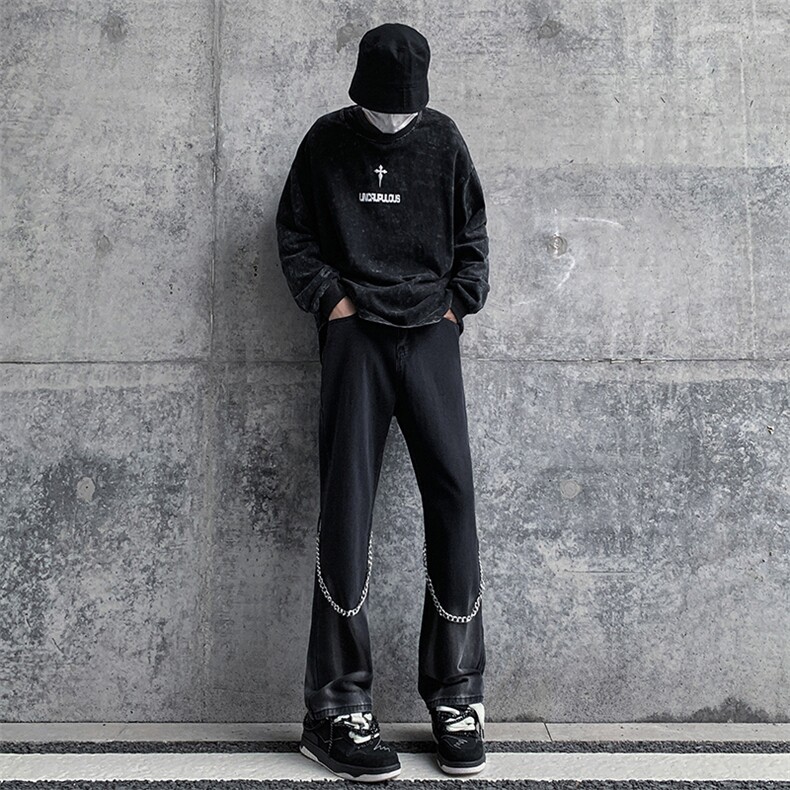 现货高街vibe黑色扎染设计感链条修身微喇牛仔裤男K880-P55控78,男装牛仔裤,星座205