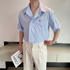 夏季新款韩版条纹衬衫男五分袖潮牌网红翻领宽松短袖衬衣CS636P68，男装衬衫，电商B267
