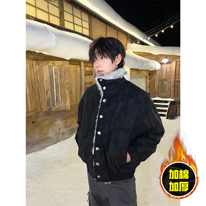 现货高品质美式高街重磅狼王座山雕毛毛领假两件棉衣加厚棉服外套，男装棉衣，电商A486