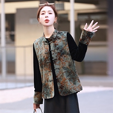 新中式撞色丝绒长袖T恤女春秋设计小众拼接提花打底复古气质上衣，女装T恤，雪樱依海