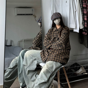 衬衫男秋季新款港风宽松磨毛格子长袖衬衣CS510-P38图片