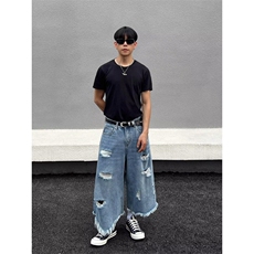 美式复古破洞牛仔七分裤男女流苏夏季2025新款宽松阔腿直筒中裤潮，男装牛仔裤，星座506A