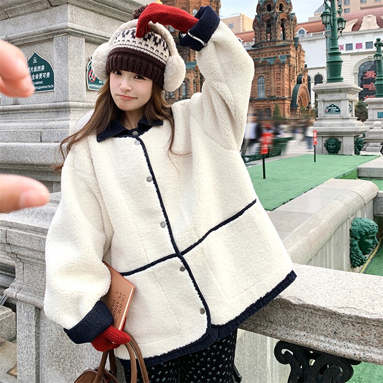 白色短款皮毛一体外套女冬季2025新款小个子超好看显瘦羊羔毛上衣,女装羊羔毛/颗粒绒,浙宝305