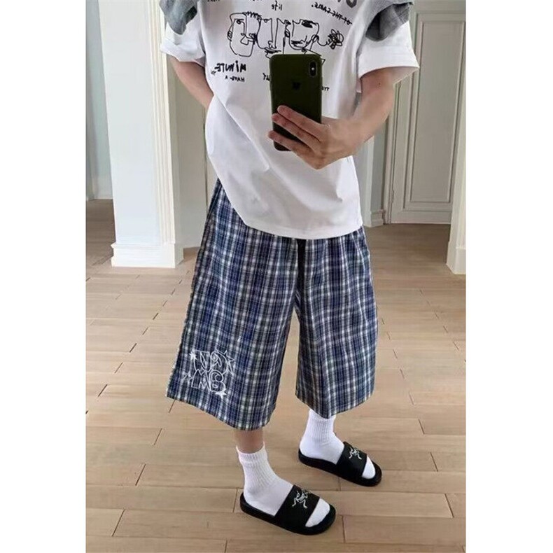 复古撞色格子七分裤男女宽松休闲百搭夏季直筒阔腿短裤KZ151,男装牛仔裤,星座1116A（原606A-3）