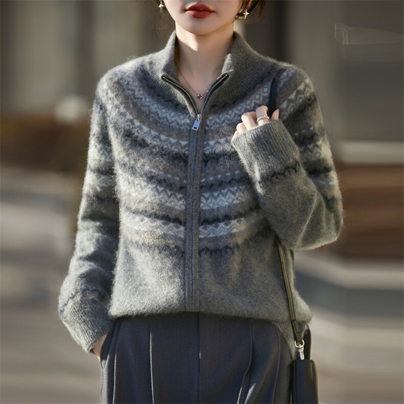 2025年秋季时尚百搭通勤简约休闲费尔岛拉链开衫，女装羊毛衫，昭美羊绒