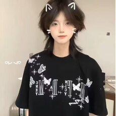 蝴蝶字母刺绣纯棉夏季2025新款美式宽松百搭潮牌短袖T恤女上衣服，男装T恤，星座506A