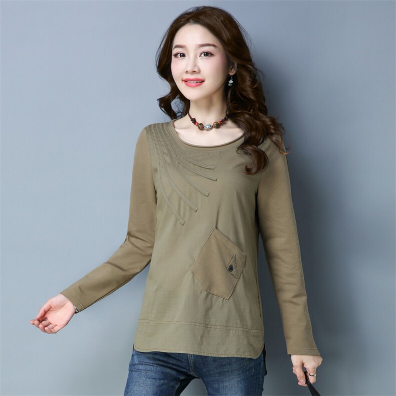 口袋拼接纯色潮流气质韩版百搭宽松休闲时尚长袖2021年春季创意，女装T恤，丽影随形