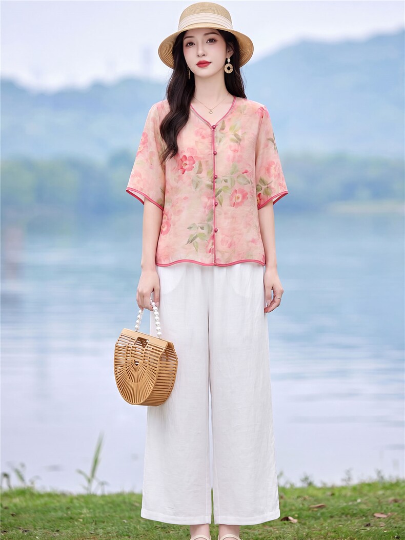 现货主推款简约中古风上衣+裤子两件套套装女,女装套装/套裙,韩蔻秀