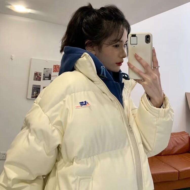 短款假两件羽绒服连帽加厚保暖情侣同款黑色面包防寒外套冬,男装羽绒服,星座218-8