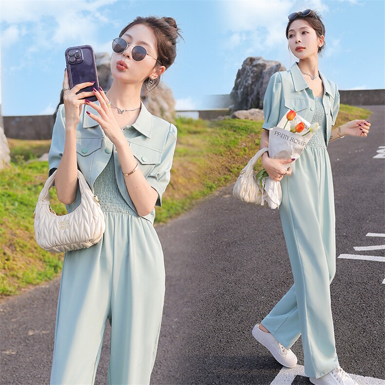 高级设计感连体裤套装女2023年夏季新款时尚气质吊带连衣裤两件套图片