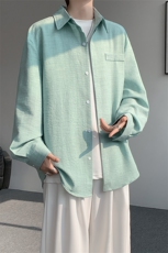 春夏男士衬衫冰丝薄款休闲上衣宽松垂感百搭黑色翻领长袖衬衣，男装衬衫，电商B319