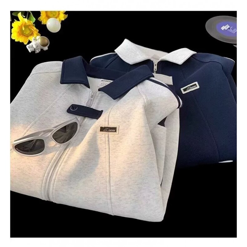 美式拼接运动夹克男生秋冬加绒三条杠开衫卫衣潮牌翻领棒球服外套,男装夹克,星座1013-1