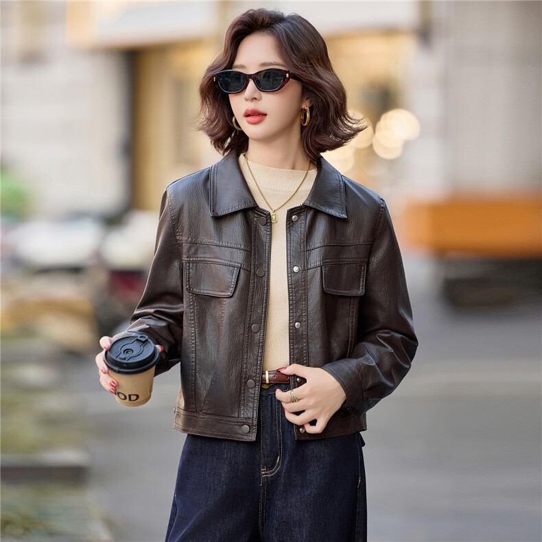 短款皮衣外套女2025秋冬高级感复古休闲气质酷飒PU皮加绒夹克上衣，女装皮衣，美拉德工厂直营店