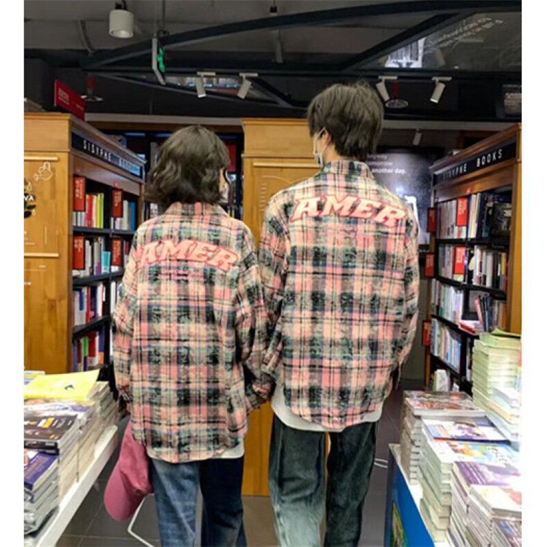 美式复古刺绣格子衬衫外套男女春秋美式情侣宽松长袖衬衣 CE02图片