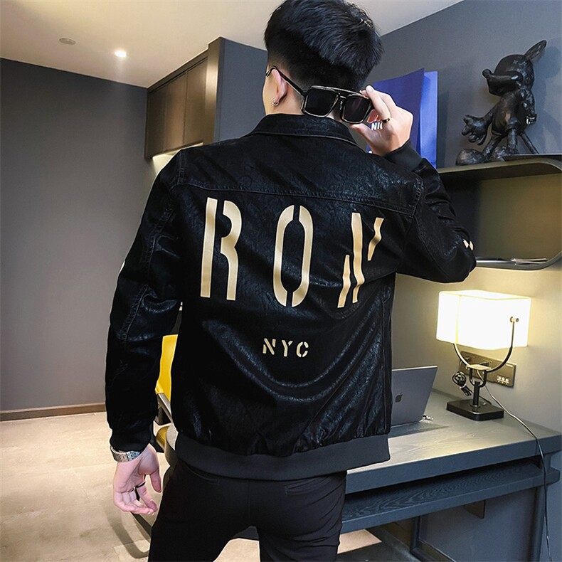 社会小伙修身皮夹克外套男黑2,男装夹克,电商A343